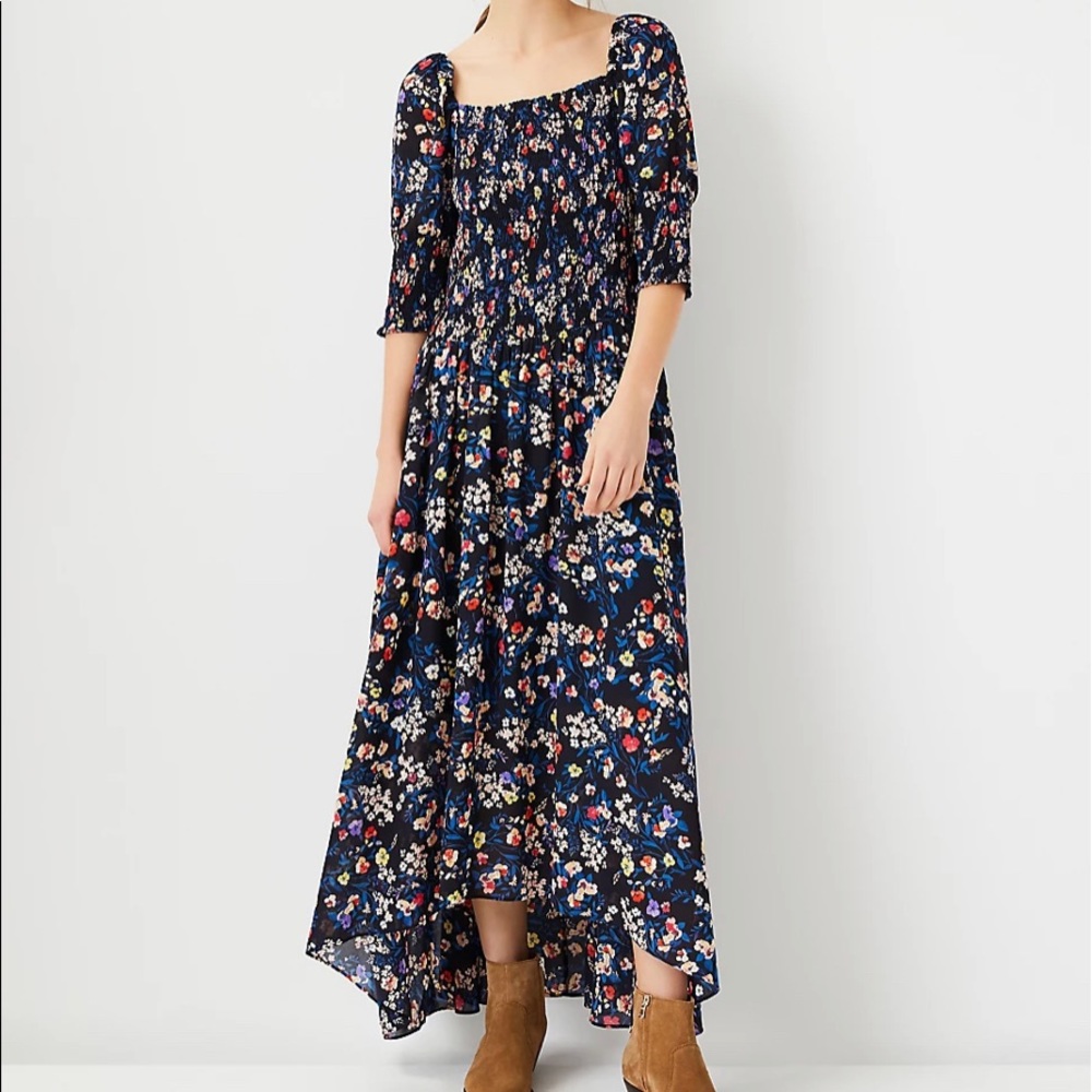 Ann Taylor Navy Floral Smocked Maxi Dress